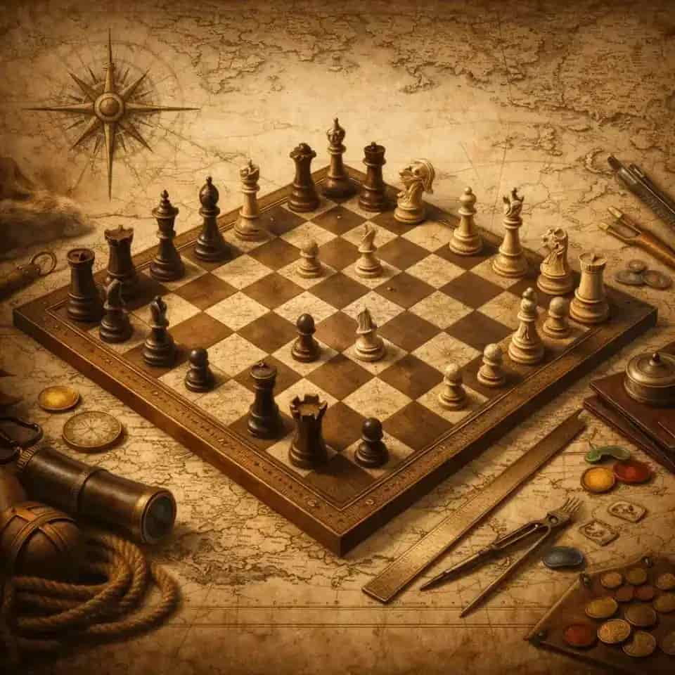 Strategischer Kartentisch mit Schachfiguren, Navigationsinstrumenten und historischen Karten