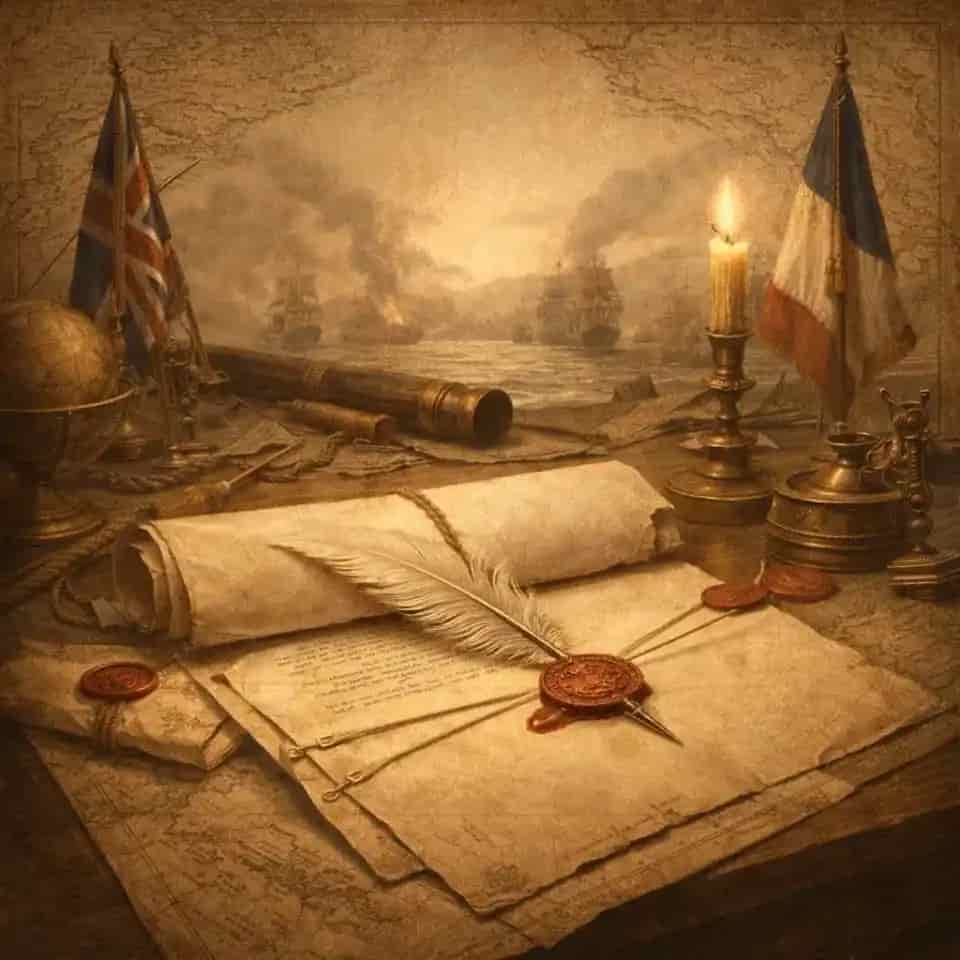 Federkiel, Schriftrolle und Siegel auf einem historischen Verhandlungstisch