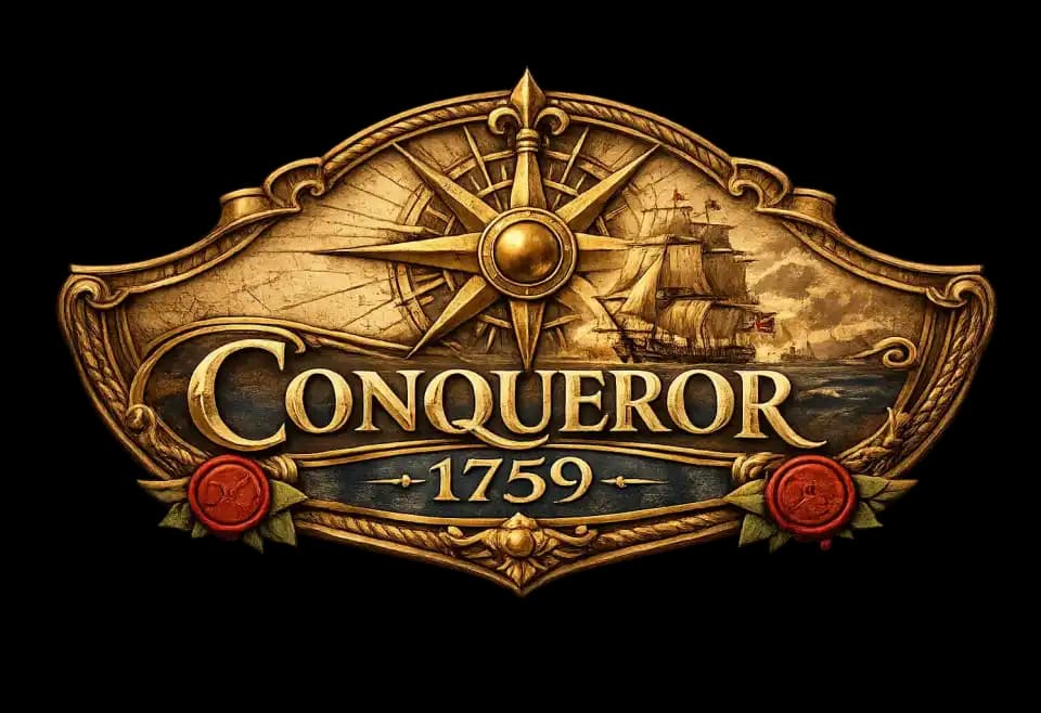 Conqueror 1759 Logo mit Kompassrose, Schiff und historischen Zierelementen
